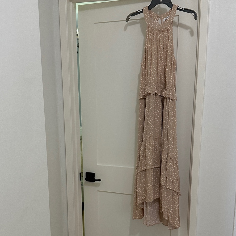 Beige Polka Dot Tiered Halter Maxi Dress